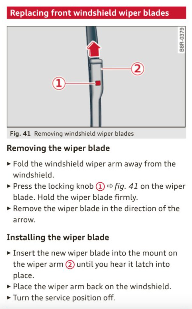 Audi A3 manual instructions to replace the front windshield wipers