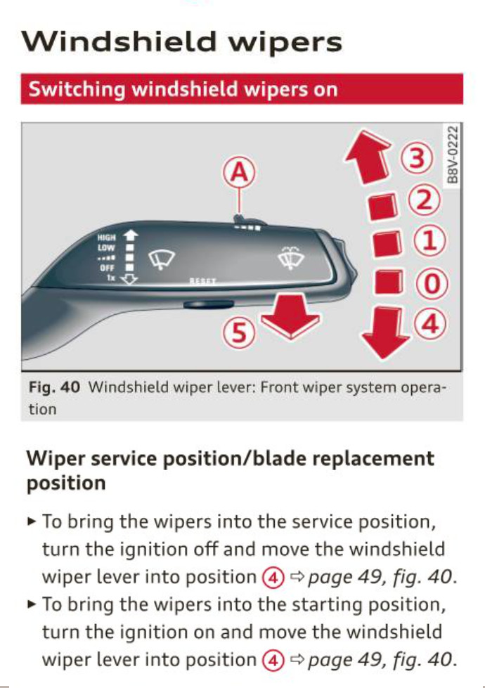 Audi A3 manual instructions to put the wipers in service position