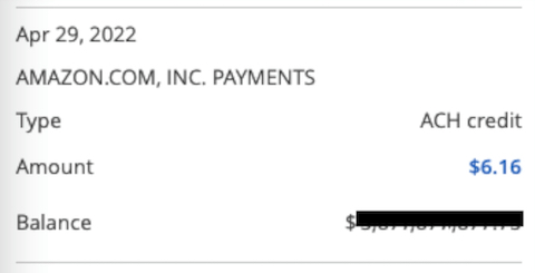 Receipt of my $6.16 in earnings from Amazon's affiliate program