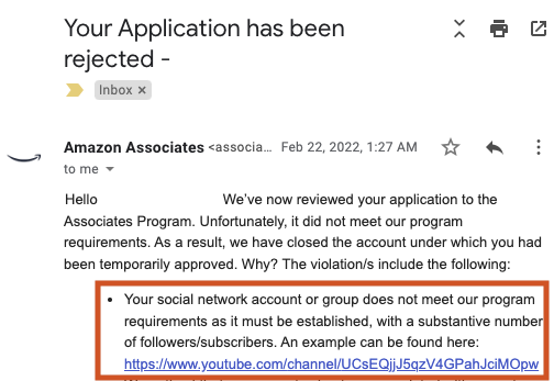 Receipt of getting rejected from Amazon's affiliate program