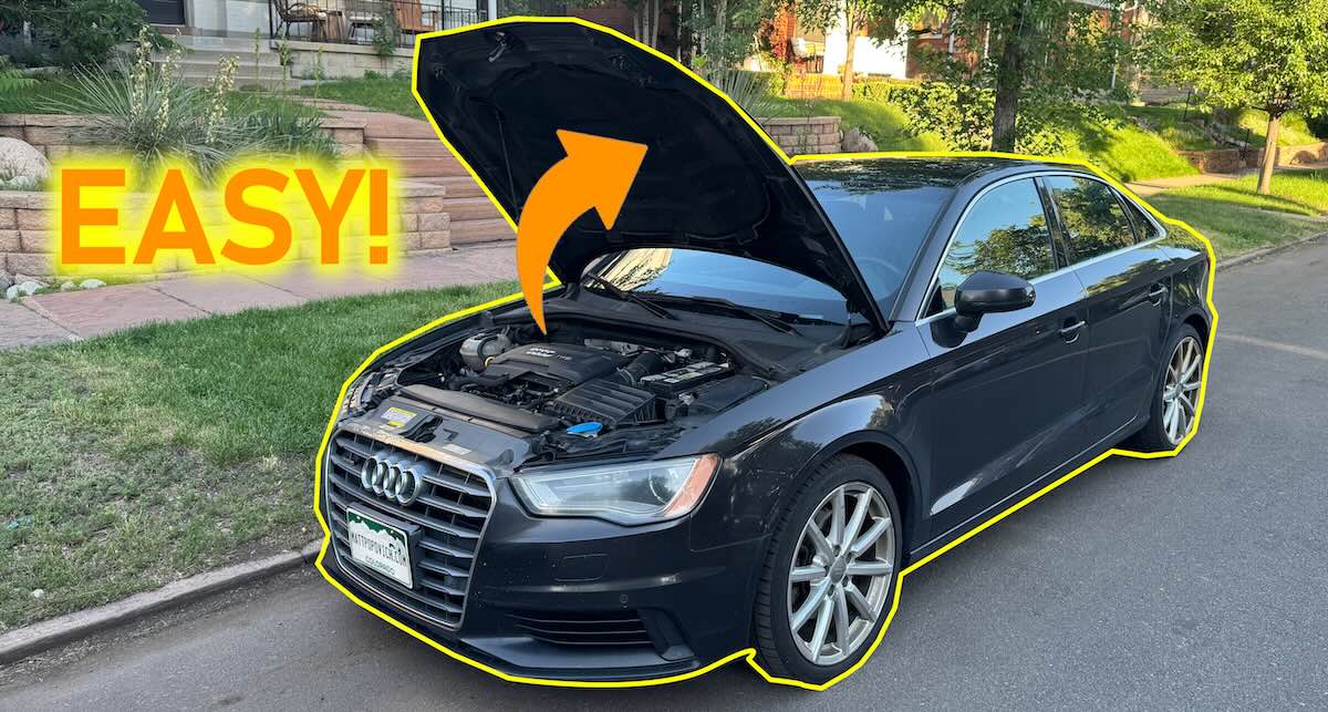 An Audi A3 with its hood raised. Captioned "easy!"